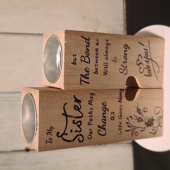 MY SISTER dual wooden pedestal tea Light candle holders NWT - Picture 6 of 7